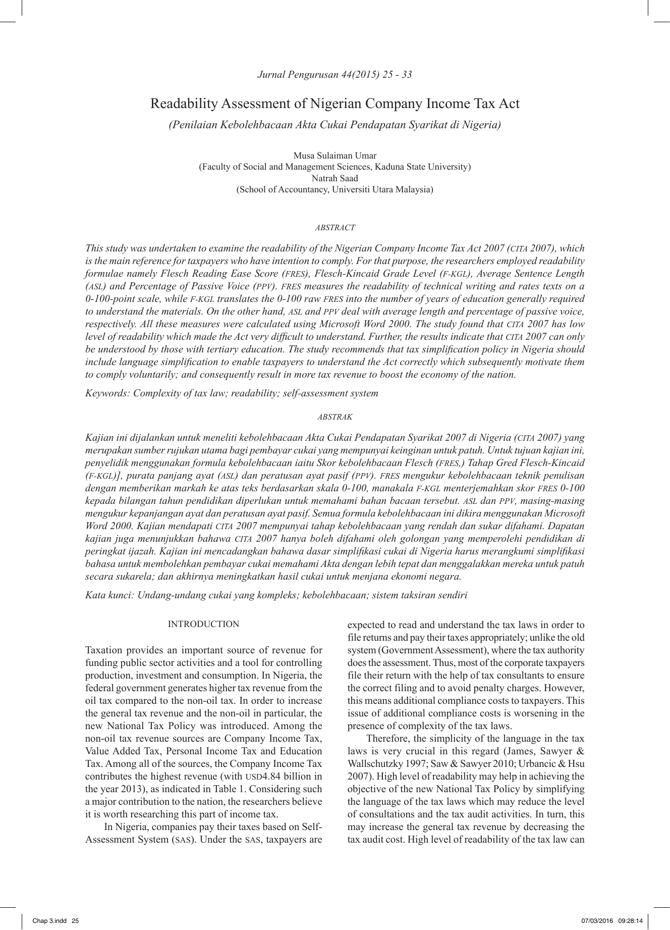 Readability Assessment of Nigerian Company Income Tax Act