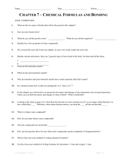 chapter 7 – c hemical formulas and bonding