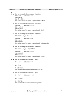 Lesson 1.6 Surface Area and Volume of a Sphere Exercises (pages