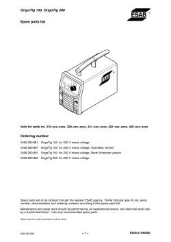 OrigoTig 150, OrigoTig 200 Spare parts list Ordering number