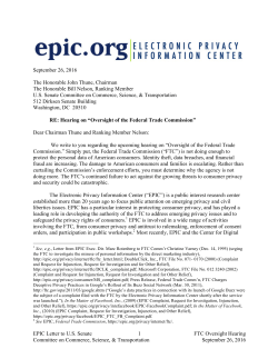 EPIC Letter to U.S. Senate 1 FTC Oversight Hearing Committee on