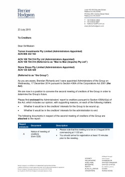 23 July 2015 To Creditors Dear Sir/Madam Toman Investments Pty