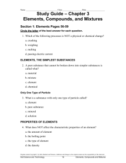 Study Guide &ndash; Chapter 3 Elements, Compounds, and Mixtures