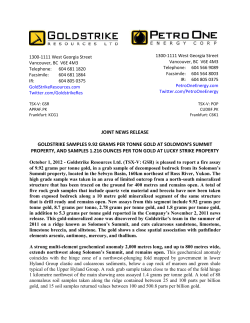 joint news release goldstrike samples 9.92 grams per tonne gold at