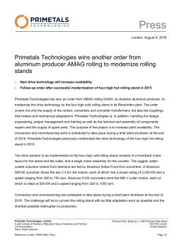 Primetals Technologies wins another order from aluminum producer