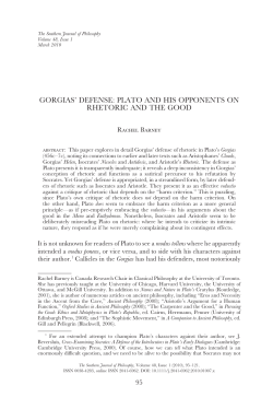 gorgias` defense: plato and his opponents on rhetoric and the good