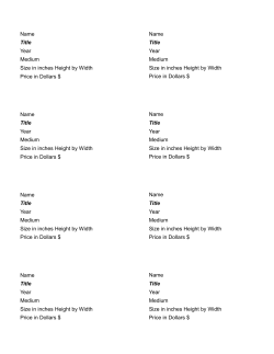 Name Title Year Medium Size in inches Height by Width Price in