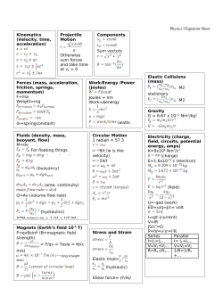 Physics I Equation Sheet Kinematics (Velocity, time, acceleration