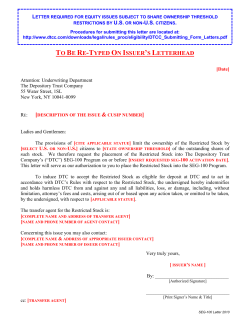 LETTER REQUIRED FOR EQUITY ISSUES SUBJECT TO SHARE