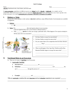 I. Habitat vs. Niche II. Nutritional Roles in an Ecosystem