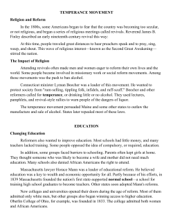 TEMPERANCE MOVEMENT Religion and Reform In the 1800s