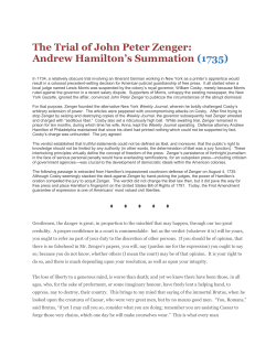 The Trial of John Peter Zenger: Andrew Hamilton`s - apush-xl