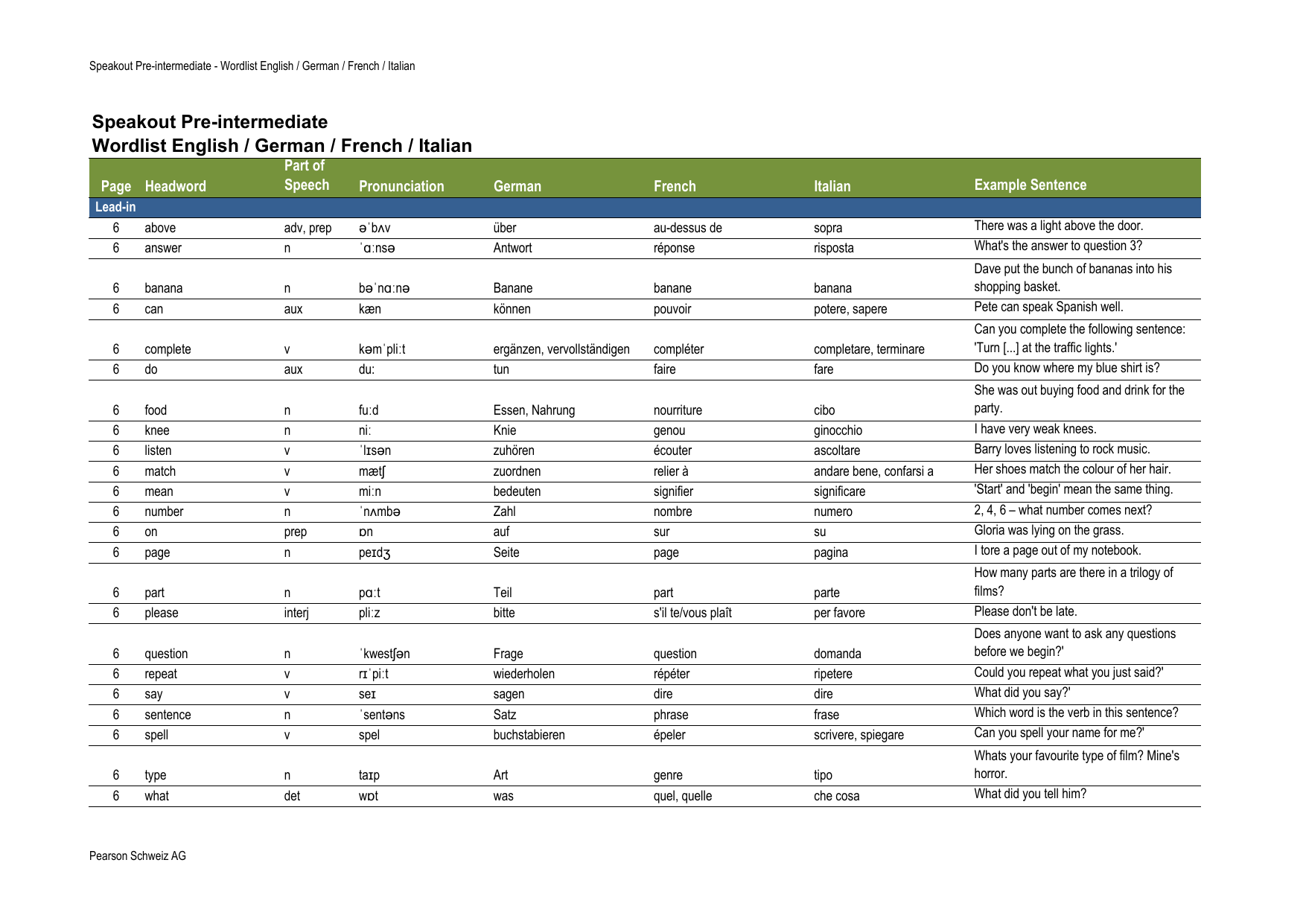 Speakout Pre Intermediate Wordlist English German French Italian