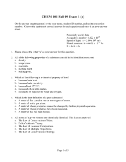 CHEM 101 EXAM 1 FALL 2009