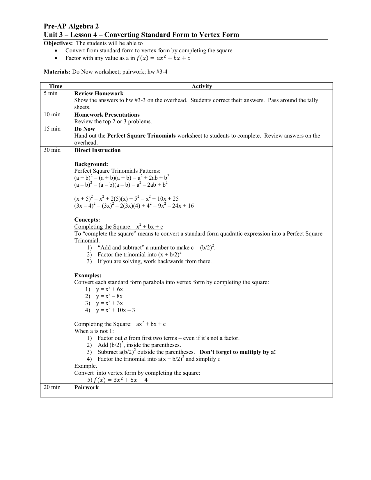 Lesson 4 Converting Standard Form To Vertex Form