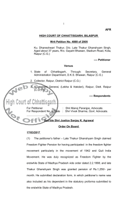 HIGH COURT OF CHHATTISGARH, BILASPUR W rit Petition No