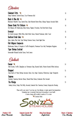 Dinner Menu - Son`z Steakhouse