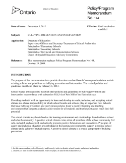 Policy/Program Memorandum No. 144: Bullying Prevention and