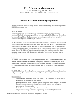 HIS MANSION MINISTRIES Biblical/Pastoral Counseling Supervisor