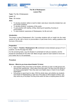 The life of Shakespeare Lesson Plan Topic: The life of Shakespeare