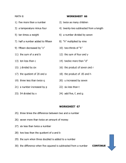 MATH 8 WORKSHEET 66 1) five more than a number 2) twice as