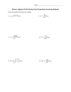 Honors Algebra II 8.8 Solving Literal Equations Involving Radicals 2