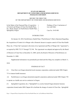 Proposed Plan of Acquisition of Control of Clear One Health Plans