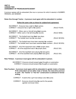 UNIT IV LESSON TWO AGREEMENT OF PRONOUN