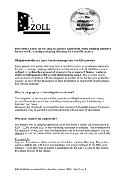 Information sheet on the duty to declare cash/funds when entering