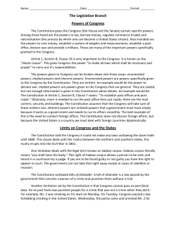The Legislative Branch Powers of Congress Limits on Congress and