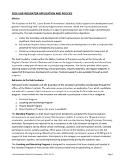 2016 iLAB INCUBATOR APPLICATION AND POLICIES