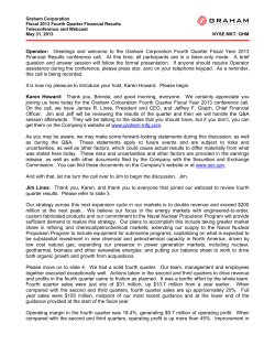 Operator: Greetings and welcome to the Graham Corporation Fourth