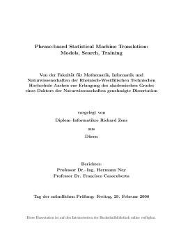 Phrase-based Statistical Machine Translation: Models