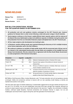 BHP Billiton Operational Review for the quarter ended 30