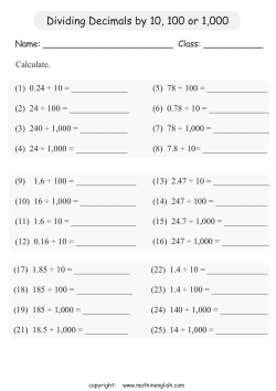 Dividing Decimals by 10, 100 or 1000