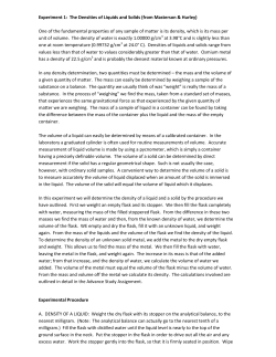 Experiment 1: The Densities of Liquids and Solids (from Masterson