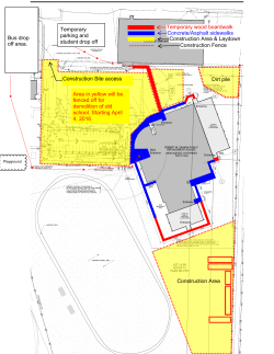 Bus drop off area. Area in yellow will be fenced off for demolition of
