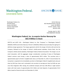 Washington Federal, Inc. to acquire Anchor Bancorp for $63.9