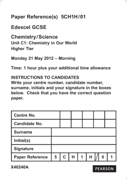 Paper Reference(s) 5CH1H/01 Edexcel GCSE Chemistry/Science