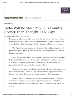 India Will Be Most Populous Country Sooner Than Thought, U.N. Says