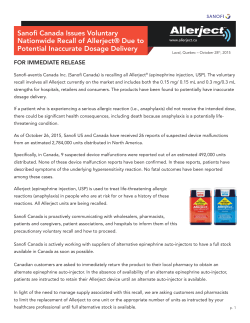 Sanofi Canada Issues Voluntary Nationwide Recall of Allerject