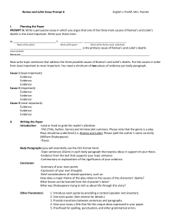 Romeo and Juliet Essay Prompt A English I, PreAP