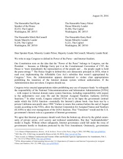 August 10, 2016 The Honorable Paul Ryan Speaker of the House H