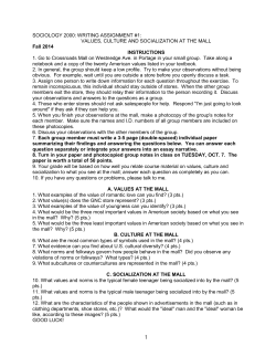 SOCIOLOGY 2000: WRITING ASSIGNMENT #1: VALUES