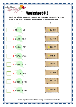 Match the addition sentence in column A with its answer in column B