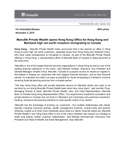 Manulife Private Wealth opens Hong Kong Office for Hong Kong and
