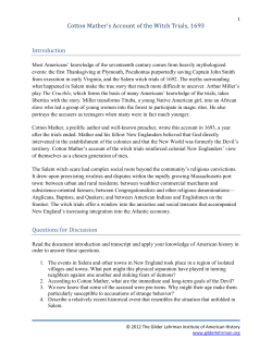 Cotton Mather`s Account of the Witch Trials, 1693 Introduction