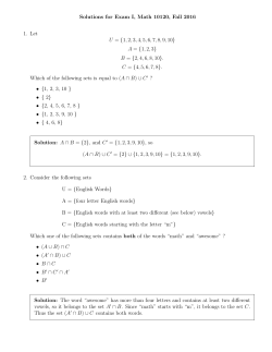 Solutions for Exam I, Math 10120, Fall 2016 1. Let U = {1,2,3,4,5,6,7