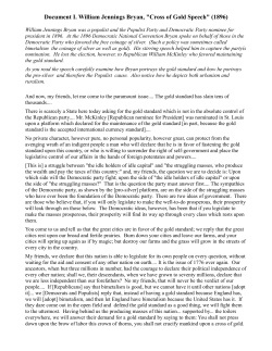 Document I. William Jennings Bryan, "Cross of Gold Speech"