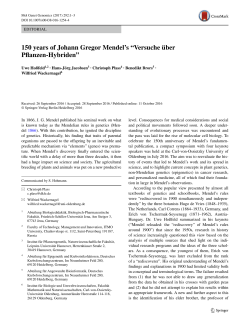 150 years of Johann Gregor Mendel`s &ldquo;Versuche &uuml;ber Pflanzen